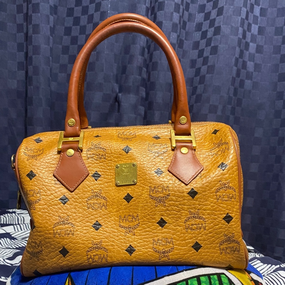 MCM Cognac Leather Satchel with Black Accents